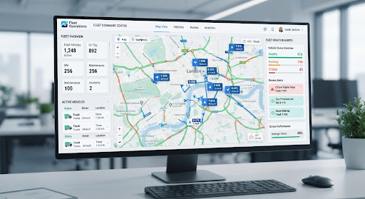 Map-based fleet dashboard with GPS markers and fleet health status