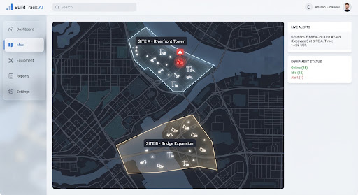 Map showing two construction zones with a geofence breach alert