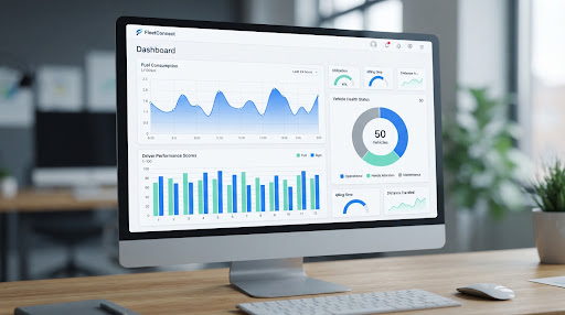 Elogs fleet management dashboard showing live efficiency and alert metrics