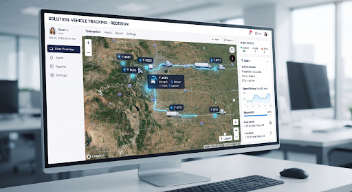 Digital dashboard showing a real-time satellite map with tracked commercial trucks