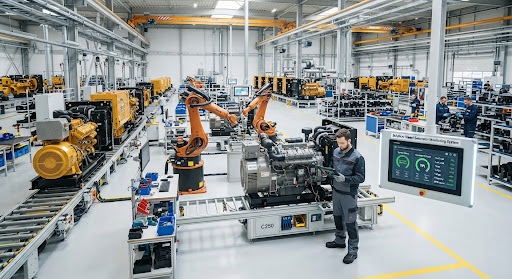 Manufacturing plant with assembly lines and robotic arms
