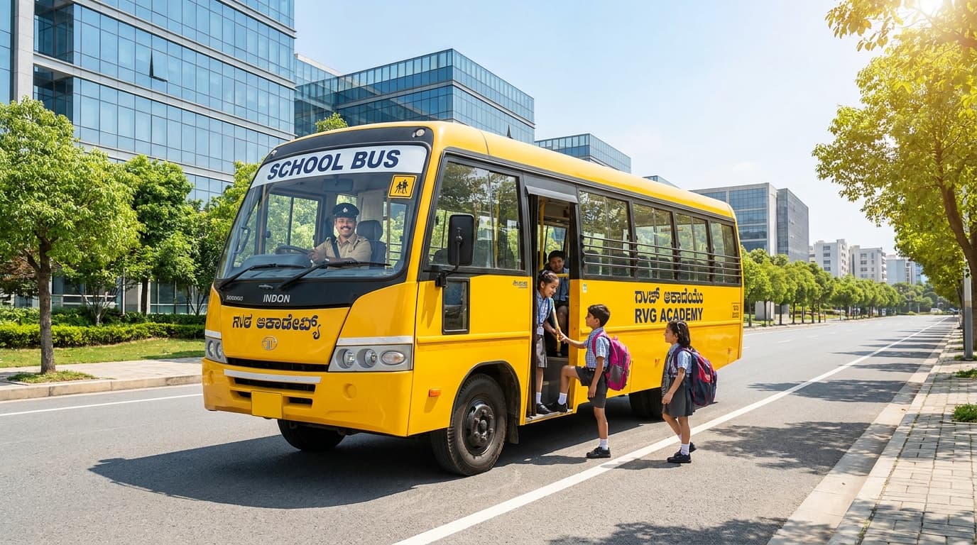 School bus parked in front of a school building with students boarding
