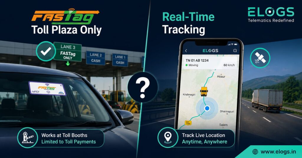 Infographic comparing FASTag toll tracking vs GPS real-time vehicle location tracking in India