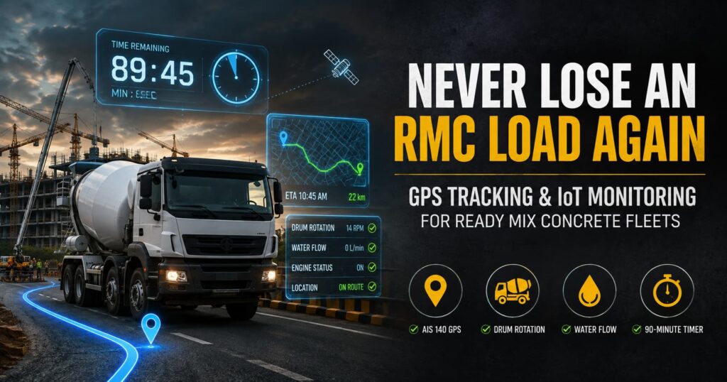 RMC transit mixer with GPS tracking, IoT monitoring dashboard, drum rotation sensor, water flow monitoring, and 90-minute concrete delivery timer.